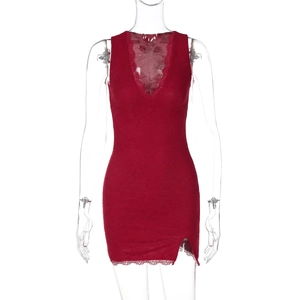 Close-up of burgundy lace bodycon mini dress featuring V-neckline and intricate floral texture