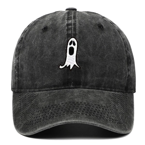 Washed grey cotton baseball cap featuring white ghost embroidery and curved visor