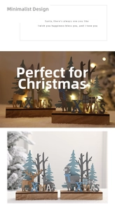 Macro detail of wooden Christmas reindeer decor with warm LED lights and XMAS engraving