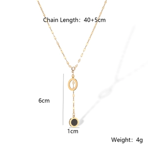 Detail view of gold-plated titanium necklace showing chain length and pendant dimensions
