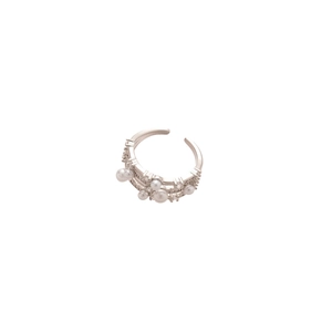 Elegant Korean style triple-layered silver open ring with lustrous white pearls for women