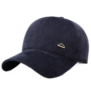 Men's winter baseball cap in navy blue herringbone fabric with sport metal logo