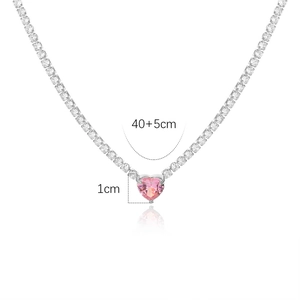 Detail view of pink heart zircon pendant on tennis chain with size dimensions 40+5cm