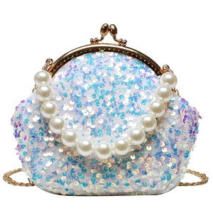 Women Sequin Mini Crossbody Bag Artificial Pearl Handle Vintage Kiss Lock Colorful Evening Party Handbag