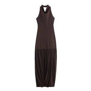 Halter Neck Maxi Dress Polyester Mesh Ruched Slim Fit Sleeveless V Neck Sexy Party Evening Elegant Coffee Long Dress