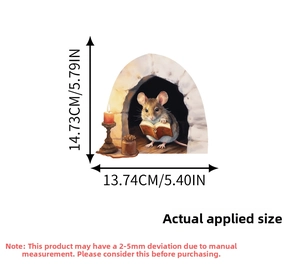 Detailed view of 3D cartoon mouse reading in hole wall decal measuring 14.7x13.7 cm