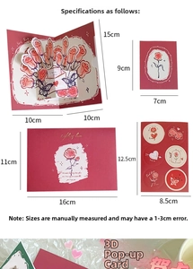 Tableau des tailles détaillé pour carte de vœux rose 3D avec enveloppe et stickers