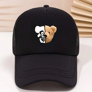 Black trucker hat featuring creative cartoon bear skull print with breathable mesh back