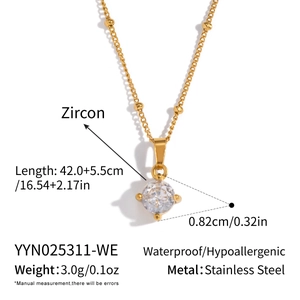 Detail showing dimensions and material specs for the gold zircon stainless steel necklace