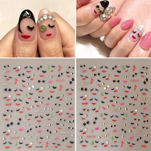 3D embossed nail art stickers featuring red high heels and fashion lips on transparent backing