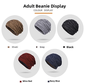 Winter knit beanies display showing khaki grey black burgundy and navy blue colors