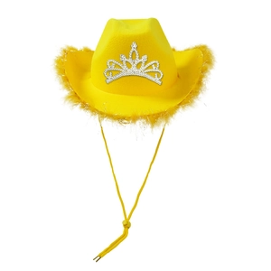 Yellow Western cowboy hat with rhinestone crown and feather trim on a white background