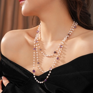 French vintage style multi-layer necklace with white pearls and purple amethyst stones