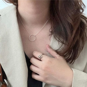 Minimalist S925 sterling silver set with circular pendant necklace and wrap ring
