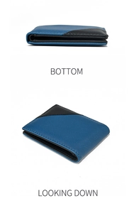 Detail view of bicolor blue and black textured leather wallet showing side and top angles