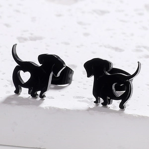Minimalist black stainless steel dachshund stud earrings with heart cutout for women