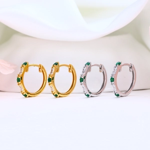 S925 sterling silver hoop earrings with green gemstones and white cubic zirconia