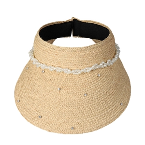 Straw visor hat for women with elegant pearls and sparkling rhinestones for beach vacations