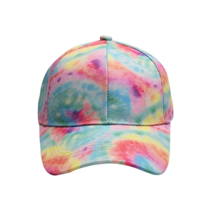 Colorful tie-dye baseball cap with curved brim for sun protection in a stylish outdoor look
