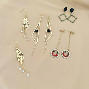 Geometric Stainless Steel Earrings Gold Plated Rhombus Smile Face Tassel Dangle For Women Fashion Trendy Accessory