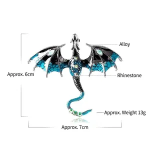Vintage cartoon dragon brooch with blue gradient wings and rhinestones for men suits