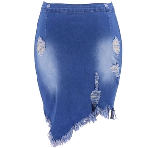 Damen Jeansrock in Blau mit Distressed-Rissen und unregelmäßigem Fransen-Saum