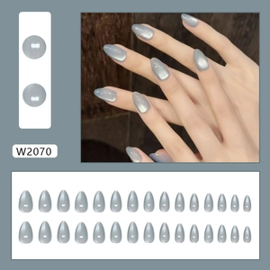 Blue cat-eye press on nails in almond shape with 24 removable shimmering pieces