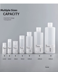 Set of travel bottles in various sizes from 12ml to 400ml with flip-top caps