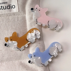 Cute corgi dog hair clips made of marble acetate in pink, yellow and blue colors