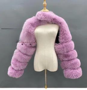 Detailed close-up of violet faux fox fur shawl showing layered stitching and plush texture