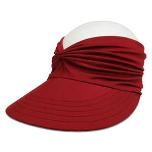 Detailed view of wine red women's sun visor hat with pleated design and wide brim