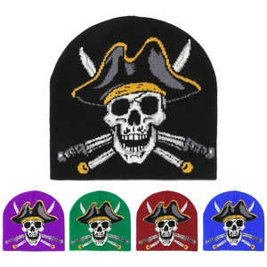 Detailed knit texture of pirate skull beanies in black, purple, green, red and blue colors