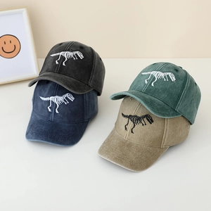 Berretti da baseball vintage in cotone lavato per bambini con ricamo di dinosauro