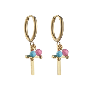 Close-up of 14K gold hoop earrings with cross pendant and colorful beads on white background