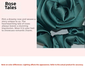 Macro detail of dark green satin fabric layers on a rose-shaped scrunchie hair tie