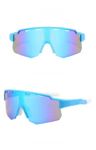 Macro detail of blue polarized cycling glasses with non-slip white temple tips