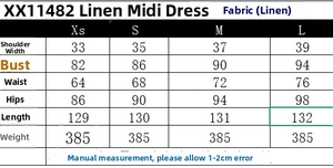 Detailed size chart for the minimalist sleeveless square neck linen midi dress