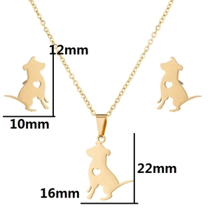 Three-piece gold stainless steel jewelry set with hollow dog and heart pendant details