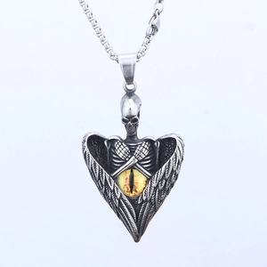 Dark style stainless steel necklace featuring skull wings and a yellow devil eye pendant