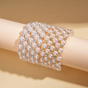 Baroque multilayer faux pearl beaded open bracelet with sparkling rhinestone accents