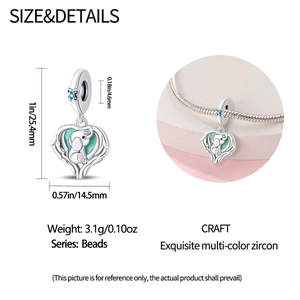 Dimensions détaillées de la perle cœur en argent avec éléphant et zircons colorés