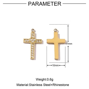 Technical drawing showing 17mm x 10mm dimensions of a gold cross pendant with rhinestones