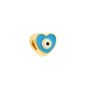 Detail showing a heart-shaped evil eye pendant with 18K gold plating and blue enamel