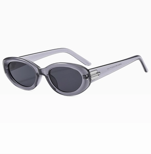 Detail view of oval cat eye sunglasses with gray translucent frame and metallic temple accents