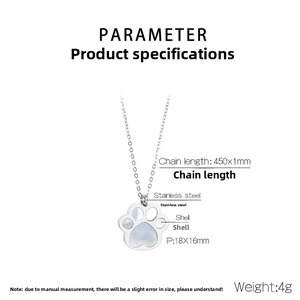 Detailed size specifications of silver stainless steel cat paw necklace with shell inlay