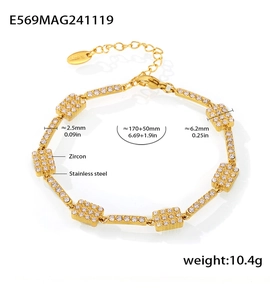 Detailed view of 18K gold plated stainless steel bracelet with hand-set zircon stones