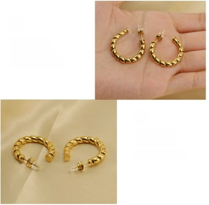 Detailed view of polished 18K gold plated twisted rope hoop earrings for women