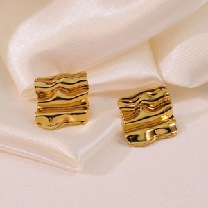 Elegant gold square earrings with irregular wavy texture and modern pleated metal design