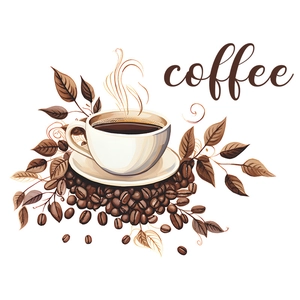 Artistic coffee wall decal with steaming cup and beans illustration for cafe decor