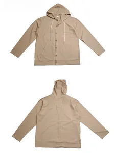 Detail of khaki cotton linen hooded shirt featuring button closure and front pockets